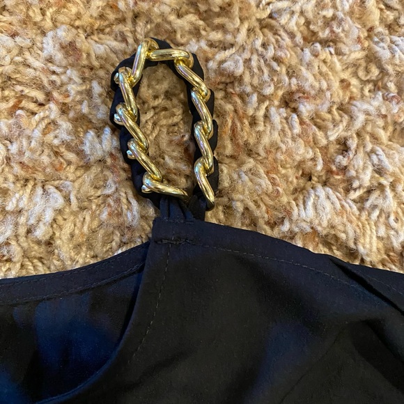 Black Cold Shoulder Blouse with Gold Chain Straps & cinched Tied Sleeves - Picture 4 of 7